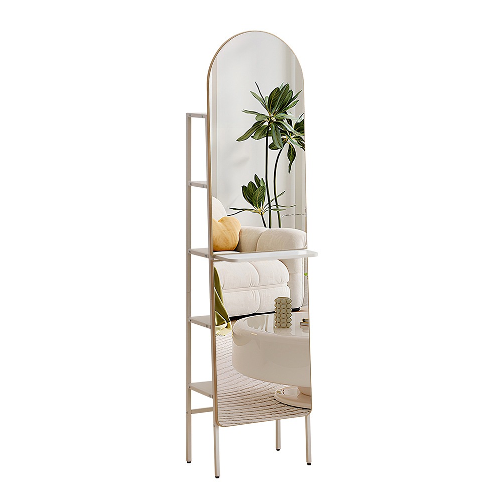 全身鏡 姿見 スタンドミラー 収納付き 5段 アーチ型 おしゃ れ かわいい 取り付け簡単 160*40CM ナチュラル+ホワイト