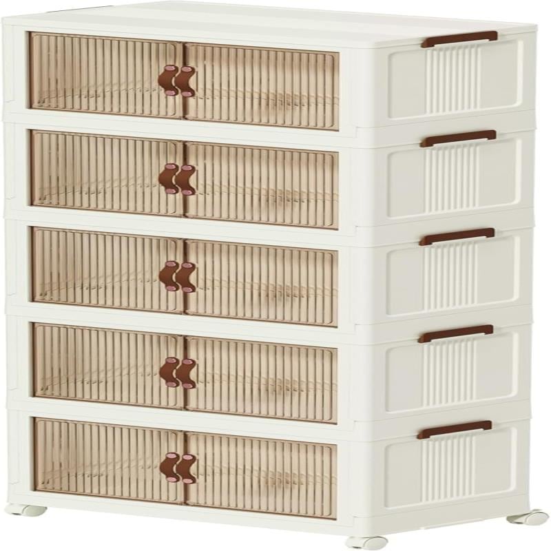 収納ボックス コンテナ 折り畳み 収納ケース 五段ボックス 蓋付き収納 衣装ケース マグネットドア キャスター付き 大容量 (45×27×130cm 125L)