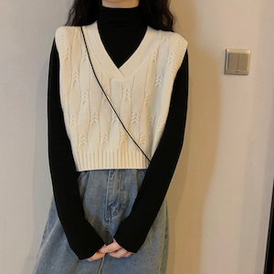 白いニットチョッキ女性の短い春と韓国版のVネックルーズセーターベストアウター