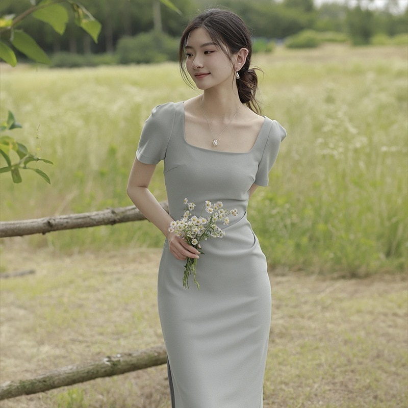 ワンピースドレスドレス白い小さなドレススクエアカラー半袖スリムフィットマイクレッチロングスタイルエンゲージメントスモールドレスドレス