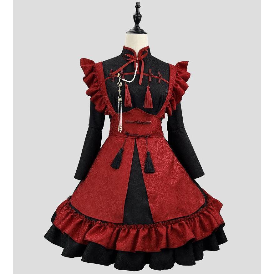 新作ハロウィングッズ メイド服 Lolita 大人用コスチューム メイドコスプレ ロリータワンピース 可愛い 配色 中国風 長袖 フリル フリンジ メイドcosplay ハロウィン衣装 ワンピース+