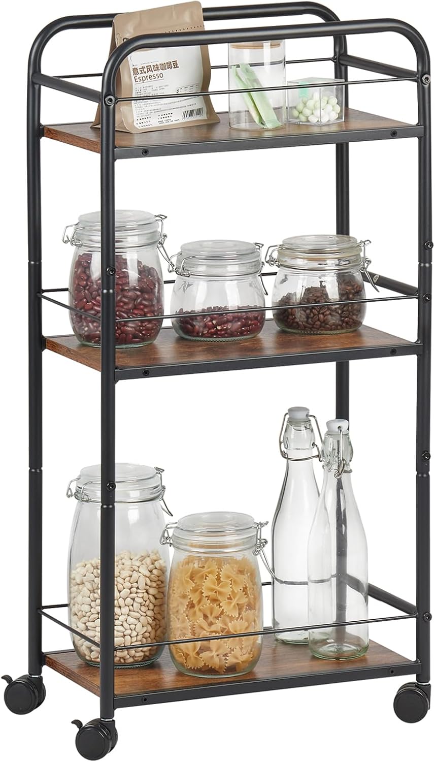 スリムな3段キャスター付きキッチンワゴン 幅42×奥行25×高さ79cm スチール製バスケットラック