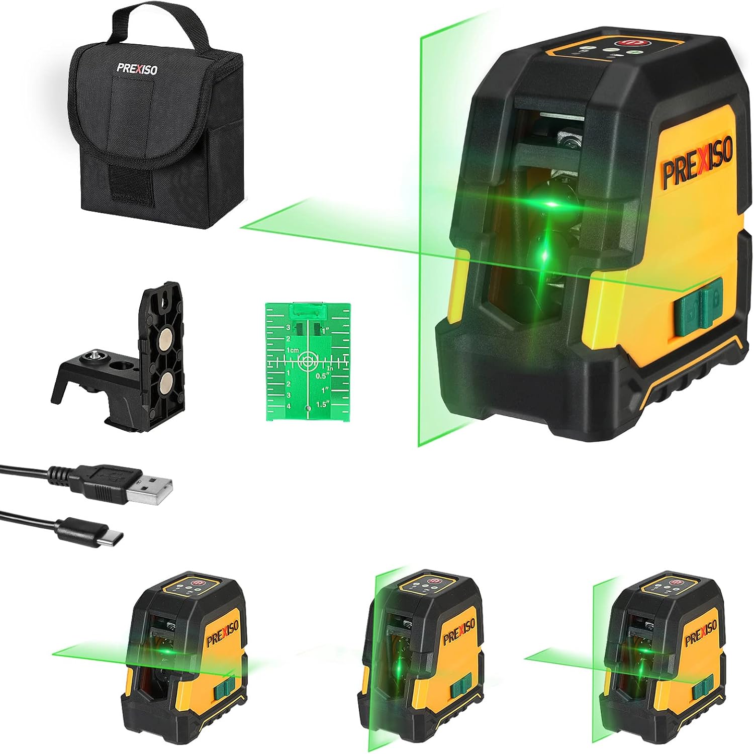 PREXISO レーザー墨出し器 グリーンレーザー 縦・横・クロスラインレーザー切替可能 3つの照射モード レーザー水平器 自動補正モード&手動傾斜モード レーザークラスII USB充電式 高輝度 軽