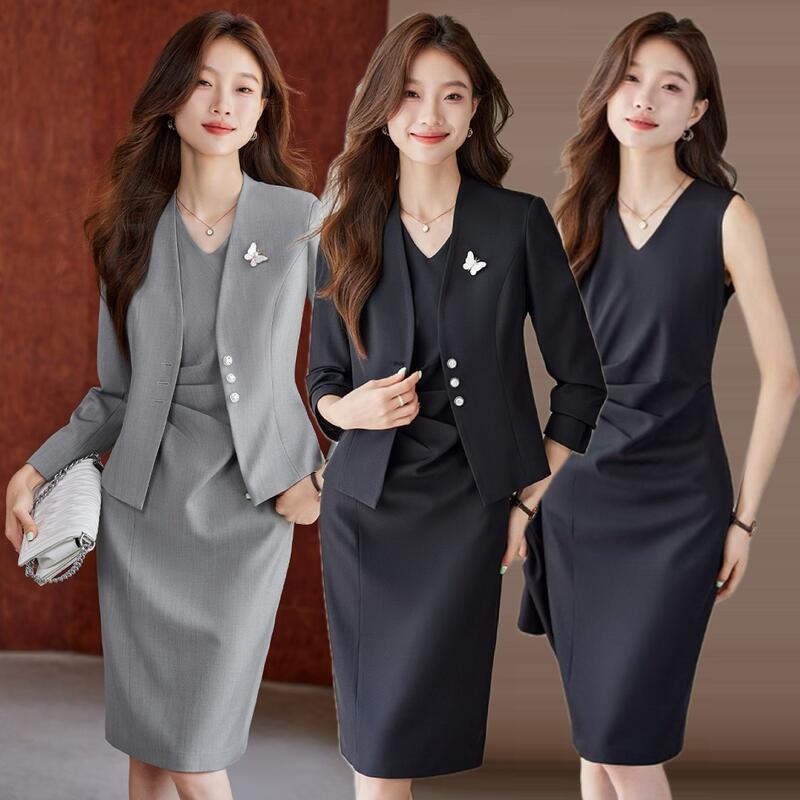 完売御礼S～5XL(6L)2色ブラック グレー スーツセット ワンピーススーツ ジャケット ワンピース 結婚式 パーティー OL 卒業式 入学式 インスタ 撮影ジャケット＆ウエストタック入りワ