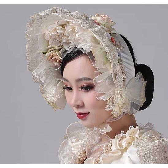 即納 貴族フレンチレトロボネット 帽 Lolita 手作り レースフラワーシルクハットベルサイユ シャンパン 頭飾り