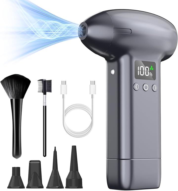 電動エアダスター ブロワー 超強力 小型 ブロアー 充電式 300000RPM＆8000mAh＆120m/s＆3段階風速調節＆200分連続使用可 5種類ノズル付き (薄い灰色)
