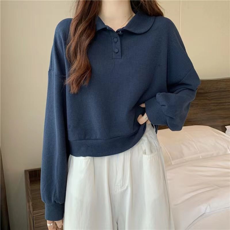 レディースの長袖ショート スウェットシャツ春と秋に多用途小柄でゆったりとしたフィット感新しいプレッピースタイルのトップス日本の襟
