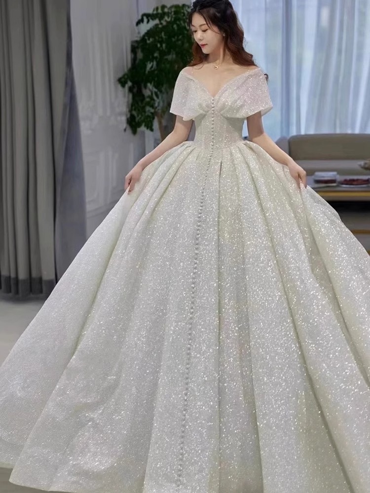 一字肩フレンチウエディングドレス2023新婦主紗が逃走中プリンセスドレス小柄高級重工冬