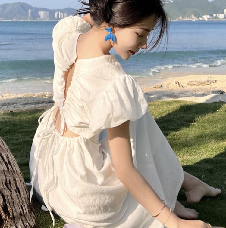 レディース ワンピース ロング 半袖 フレア Aライン 背中開き フェミニン かわいい 大人可愛い シンプル カジュアル おしゃれ アジアン ラフ ガーリー 主役級 存在感 ラブリー キュート