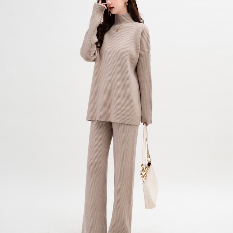 トップス パンツ ボトムス ニット セーター プルオーバー セットアップ レディース ワイドパンツ フルレングス 長袖 ボリューム袖 ドロップショルダー 萌袖 ハイネック タートルネック ボトルネック