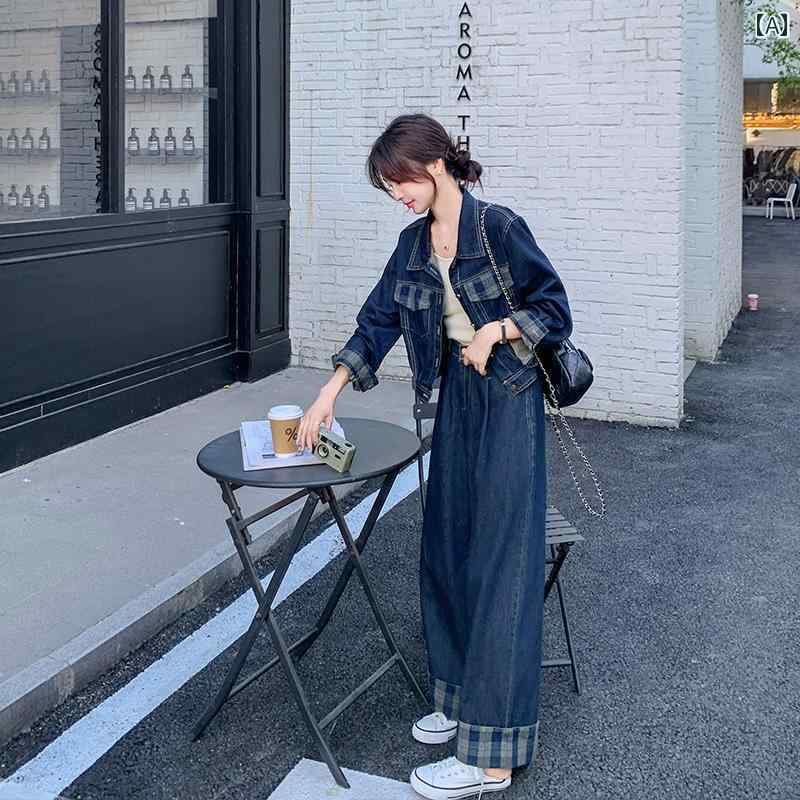 デニム　スタイル　レディース　 リラックス して 年齢を 感じさせにくい デニムスーツ 2025 春の カジュアル 雰囲気の 風 シャツ ワイド レッグ パンツ ツーピース スーツ