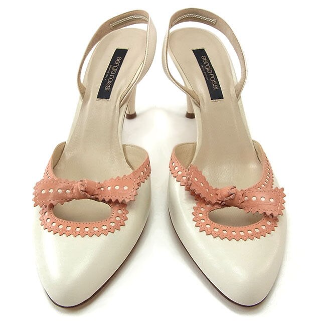パンプス シューズ 靴 リボンモチーフ 38 スリングバック ホワイト サーモンピンク 中古