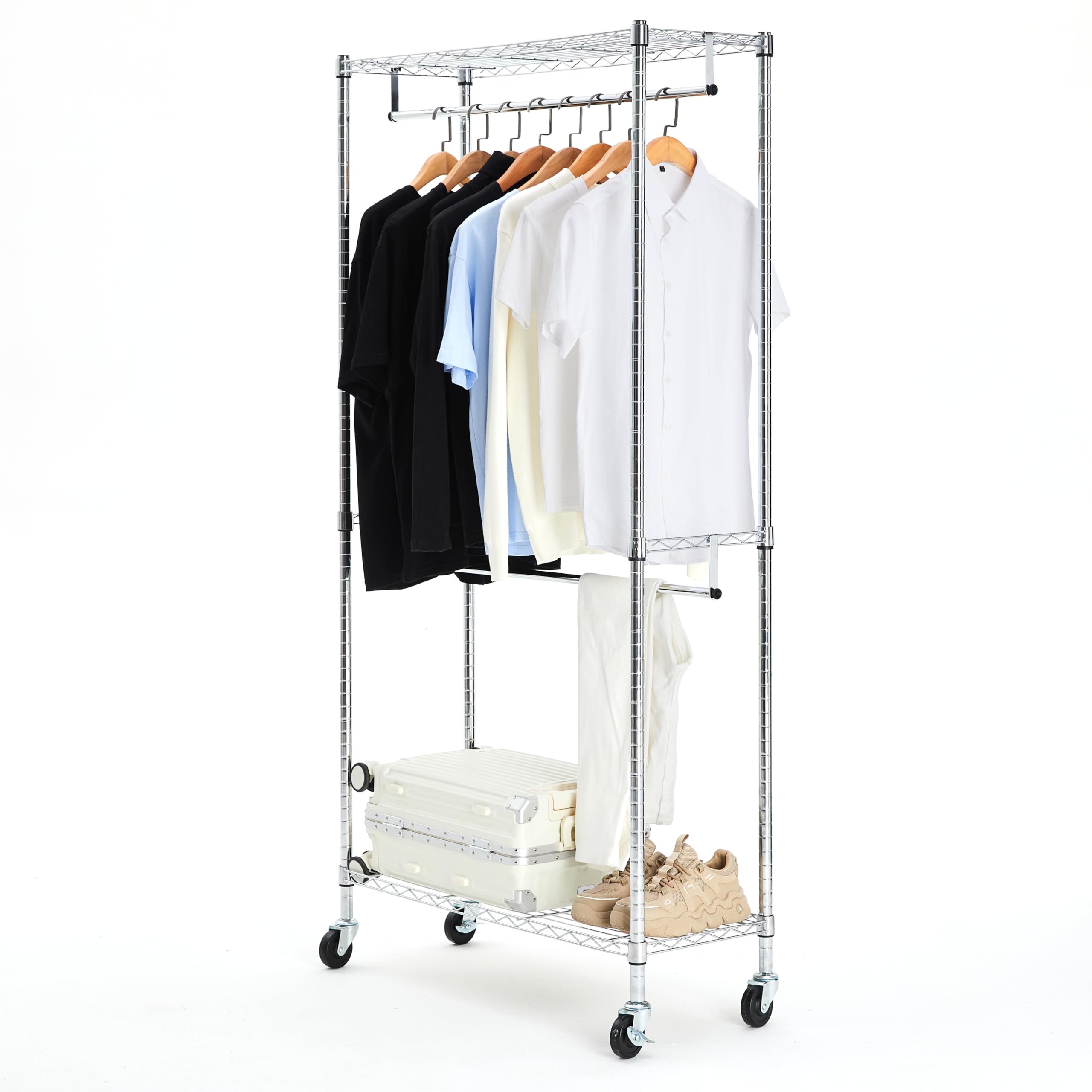 Amazonベーシック ハンガーラック 2段 洋服ラック 耐荷重181kg 頑丈 キャスター付き 棚付き, 幅91.4 x 奥行35.6 x 高さ182.9 cm シルバー