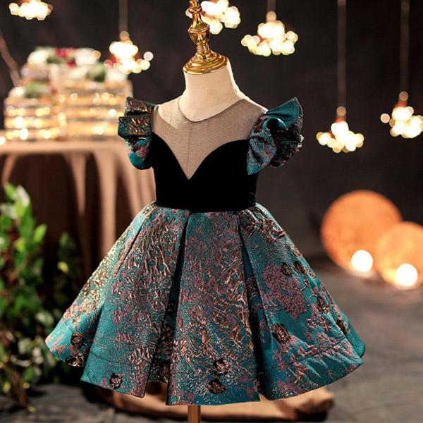 ドレス ワンピース 女の子 結婚式 セレモニードレス ゴージャス ブラック 黒 緑 グリーン クラシック 半袖 1歳 誕生日 ピアノ 発表会 ピアノの発表会