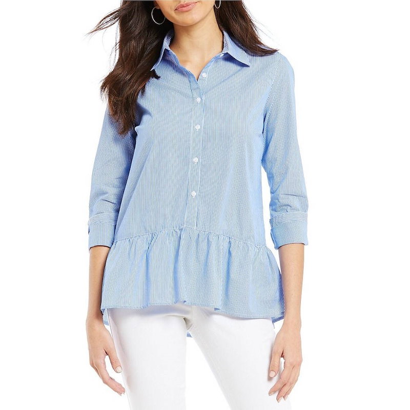 ウエストバウンド レディース トップス ブラウス・シャツ【Westbound Petites Button Front Peplum Shirt】French Blue Stripe ウエストバウンド レディース トップス ブラウス・シャツ【Westbound Petites Button Front Peplum Shirt】French Blue Stripe