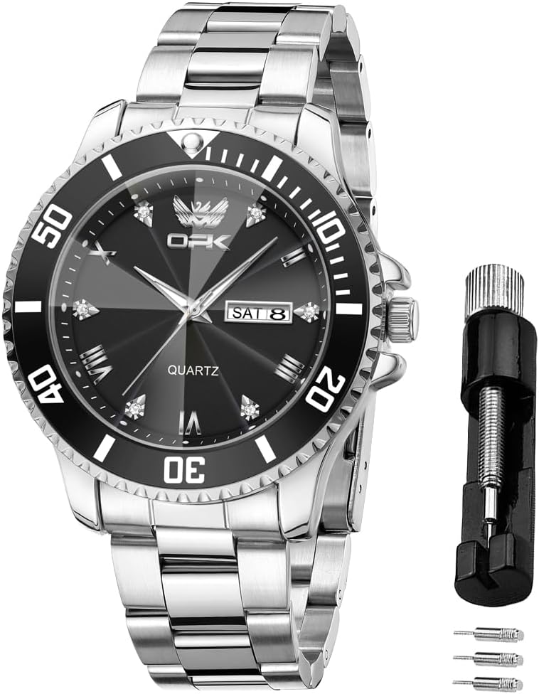 腕時計 クオーツ 日付表示 防水 夜光機能 ステンレス製 学校 会社向け ブラック