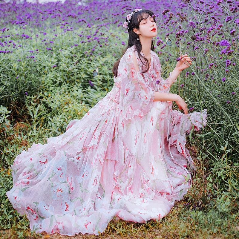 シフォンドレスXiaは薄くフリルスカートは超薄型でロングスカートホリデービーチスカート