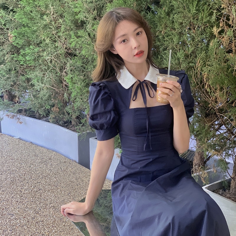 半袖ワンピース ワンピース フレアワンピース ワンピドレス ミモレ ミモレ丈 ロング ロング丈 袖あり 半袖 襟付き フレア Aライン リボン ハイウエスト かわいい 大人可愛い きれいめ シンプル