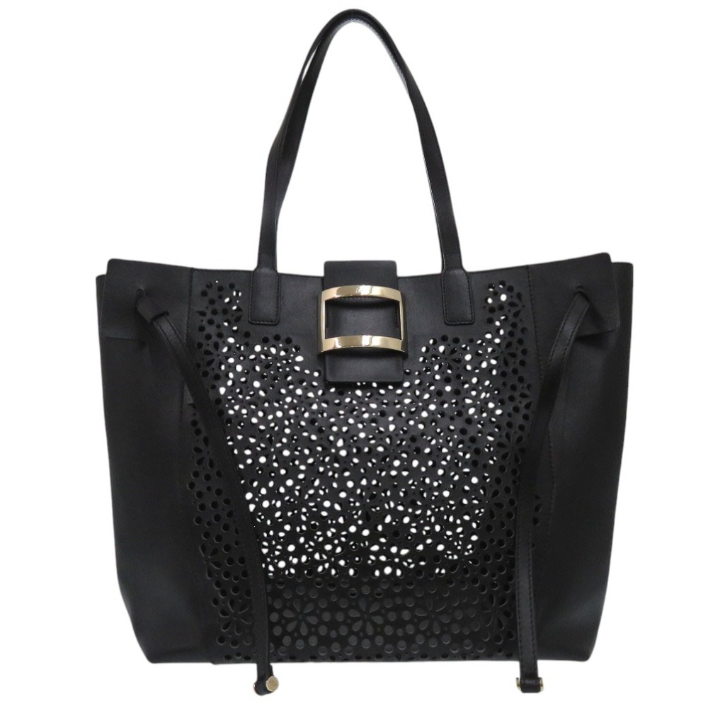 美品 ロジェヴィヴィエ レース 花柄 フラワー ポーチ付き VIV SKIN DENTELLE ハンドバッグ レザー/レザー ブラック 0250【中古】 レディース