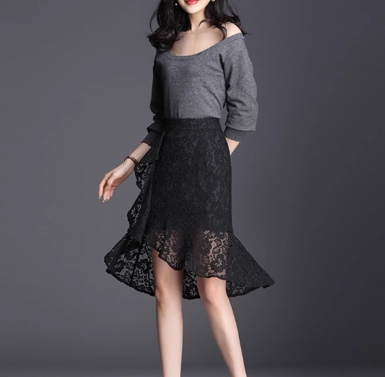 レディース スカート ボトムス レーススカート 膝丈 セミフレア タイト 細身 アシンメトリー レース 透け感 シースルー 薄手 きれいめ おしゃれ 個性的 エレガント 主役級 存在感 フォーマル