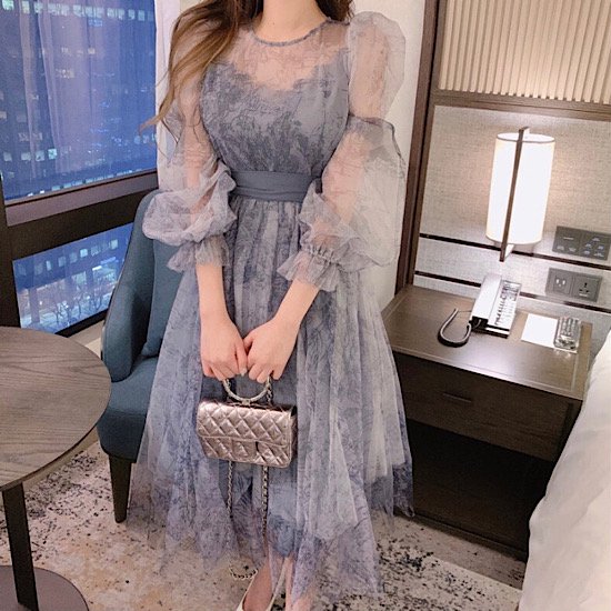 【取寄：納期2週間】結婚式ドレス シースルー レース ラウンドネック 発表会 演奏会 レディース 結婚式 ステージ衣装 ミモレ丈 エレガント ウエディングドレス カラードレス オーガンジー