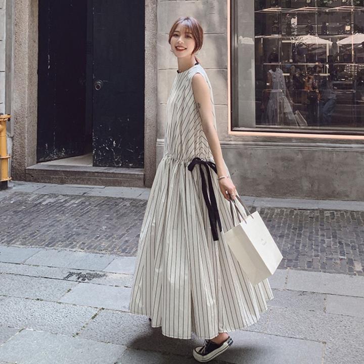 春夏 ドレス ロングドレス ワンピース ノースリーブ ストライプ マキシ丈 カジュアル お呼ばれ リゾート