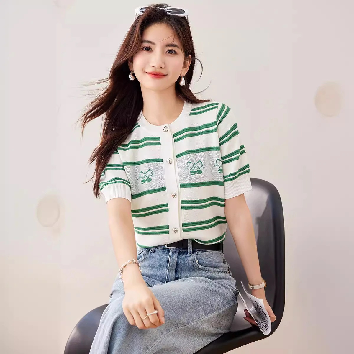 夏レディース服フレンチデザインラウンドネックストライプ氷糸ニットカーディガンTシャツカットソー