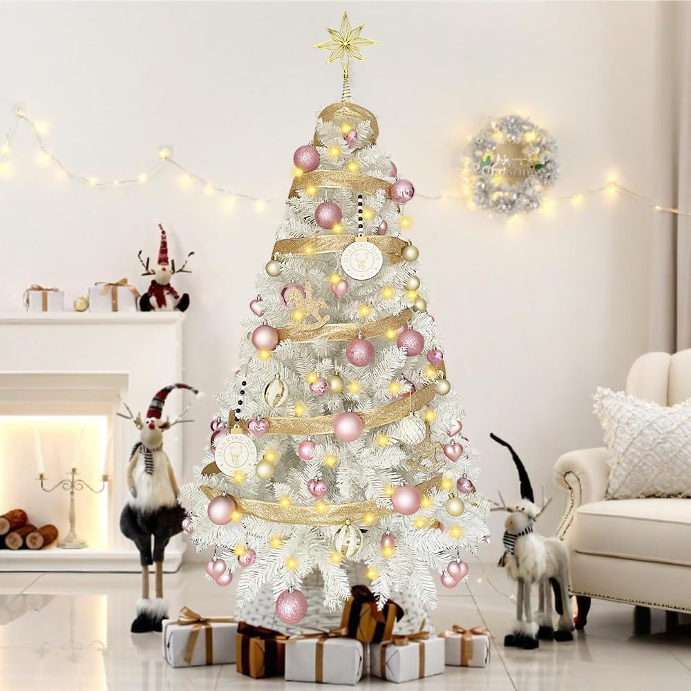 クリスマスツリー 150cm 北欧風 高濃密度 おしゃれ christmastree 白 ピンク クリスマスツリーフルセット オーナメント&ボール型LEDライト付き 高級 ツリー リアル 高濃密度 豪