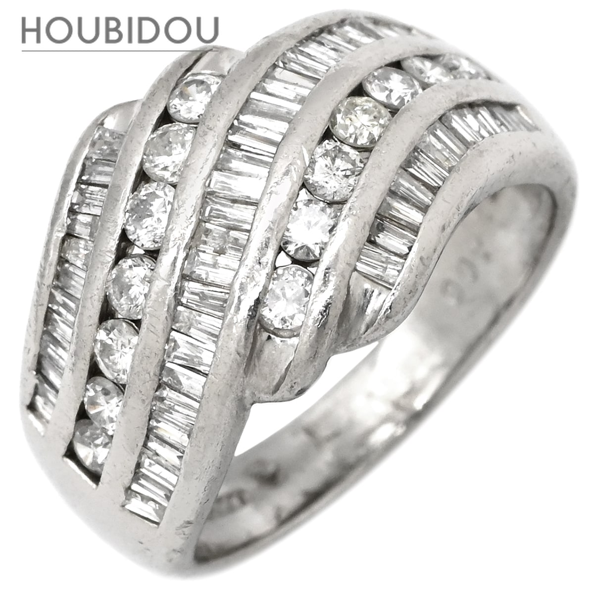リング 指輪 ダイヤモンド 1.00ct プラチナシルバー Pt プラチナ ウェーブ 波型 パヴェ ラウンドブリリアント バゲット 11号【中古】