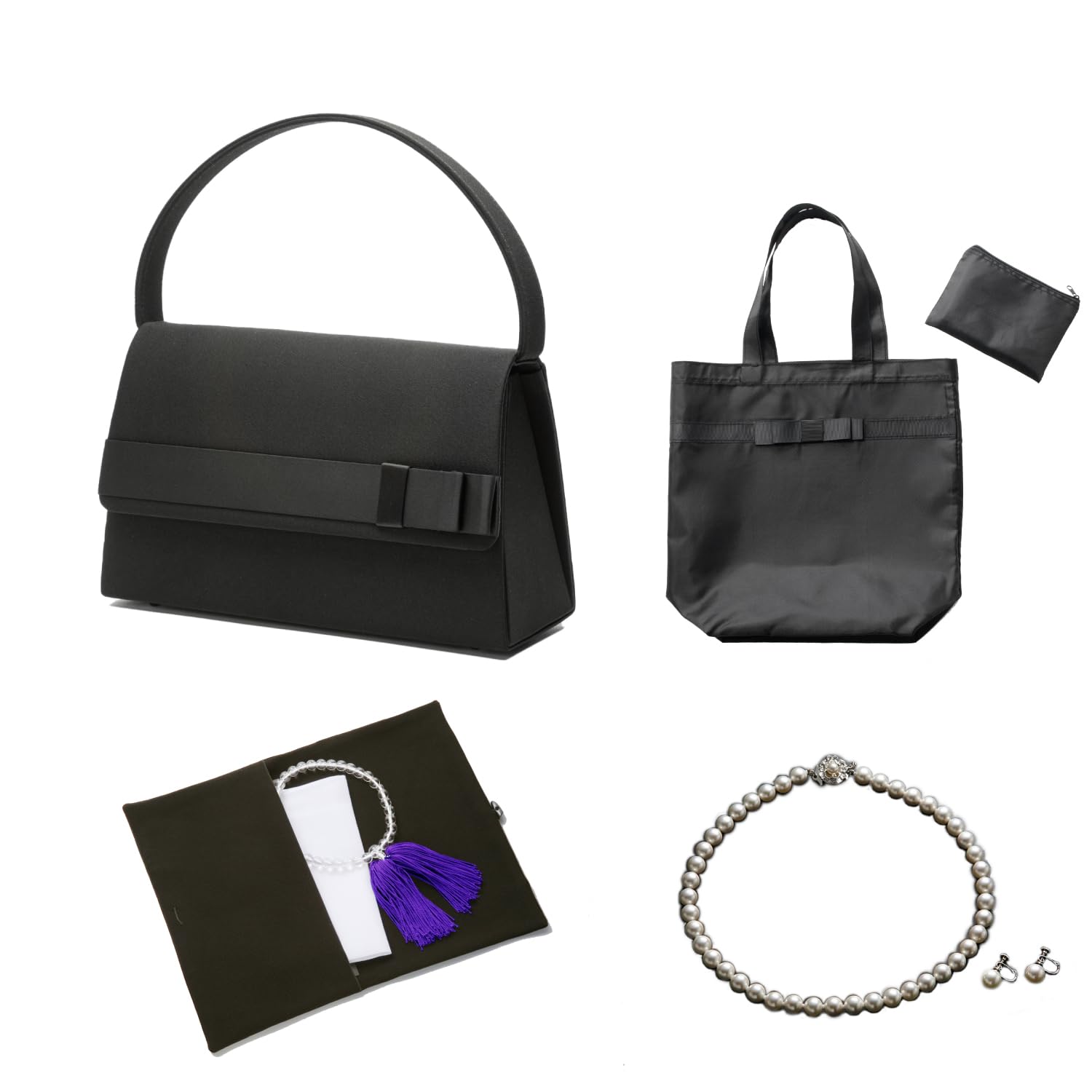 [マーガレット　ゴールド] フォーマル バッグ ネックレス ピアス ふくさ ハンカチ 数珠 トート 【 ７点セット】2P/M