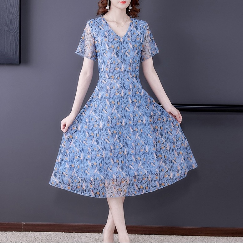 ワンピース レディース 花柄ワンピース Vネック ひざ下丈 ロング ドレス 半袖 透け感 シフォン