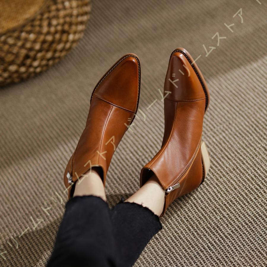 ショートブーツ レディース 歩きやすい ポインテッド ブーツ 本革 ブーツ ショートブーツ ポインテッドトゥ サイドジップ ローヒール ブラック 黒 履きやすい