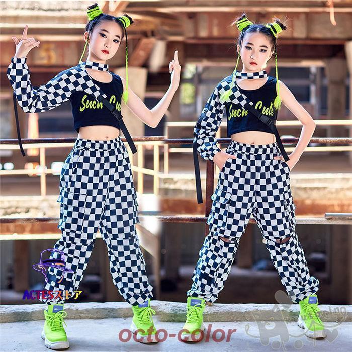 キッズ ダンス衣装 セットアップ 黒ベスト チェック柄 スリーブ へそ出し ロングパンツ へそ出し 女の子 舞台服 演出服 K-POP ステージ衣装 練習着 体操服 応