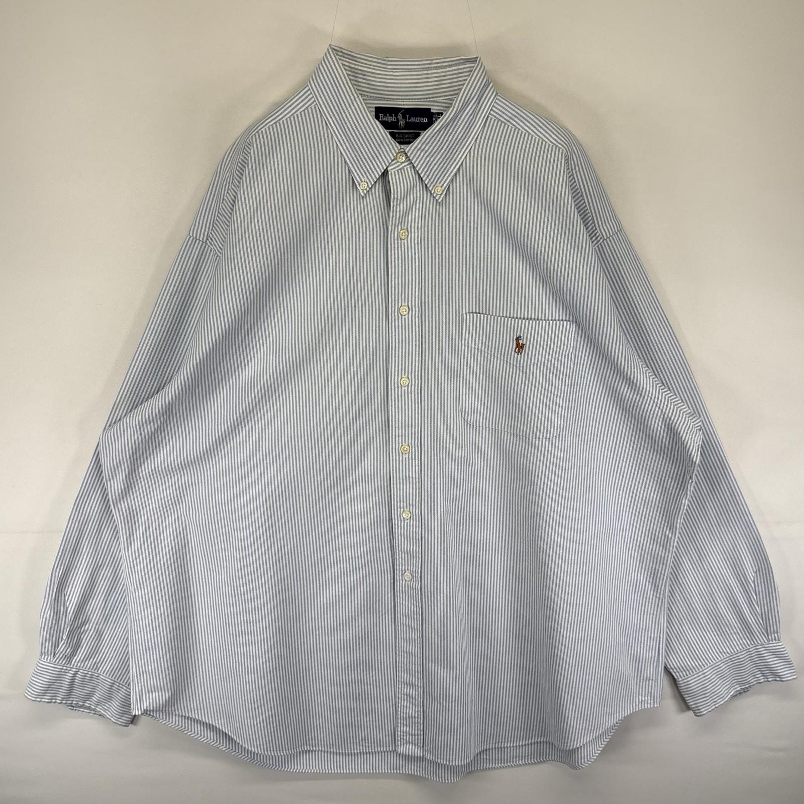 古着 ラルフローレン Ralph Lauren 長袖シャツ ボタンダウン BIG SHIRT ワンポイントロゴ刺繍 2XL ブルー系 ストライプ メンズ