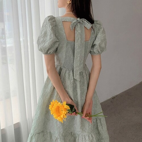 レディース バックシャン ジャガード ワンピース スクエアネック パフスリーブ バックリボン 大人可愛い ママコーデ ママファッション 韓国 オルチャンファッション 人気 トレンド 新作 20代 30 5,628円