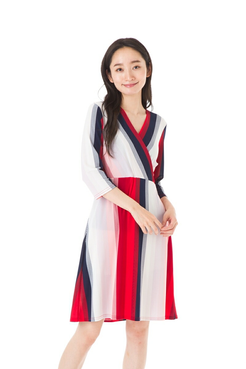 ファス(FAS)ワンピース T1 T2 T3サイズ 大人ワンピース レディース 5分袖 膝丈 ストライプ柄 Vネック ワンピース ジャージー 上品 大きいサイズ　Fille A Suivre