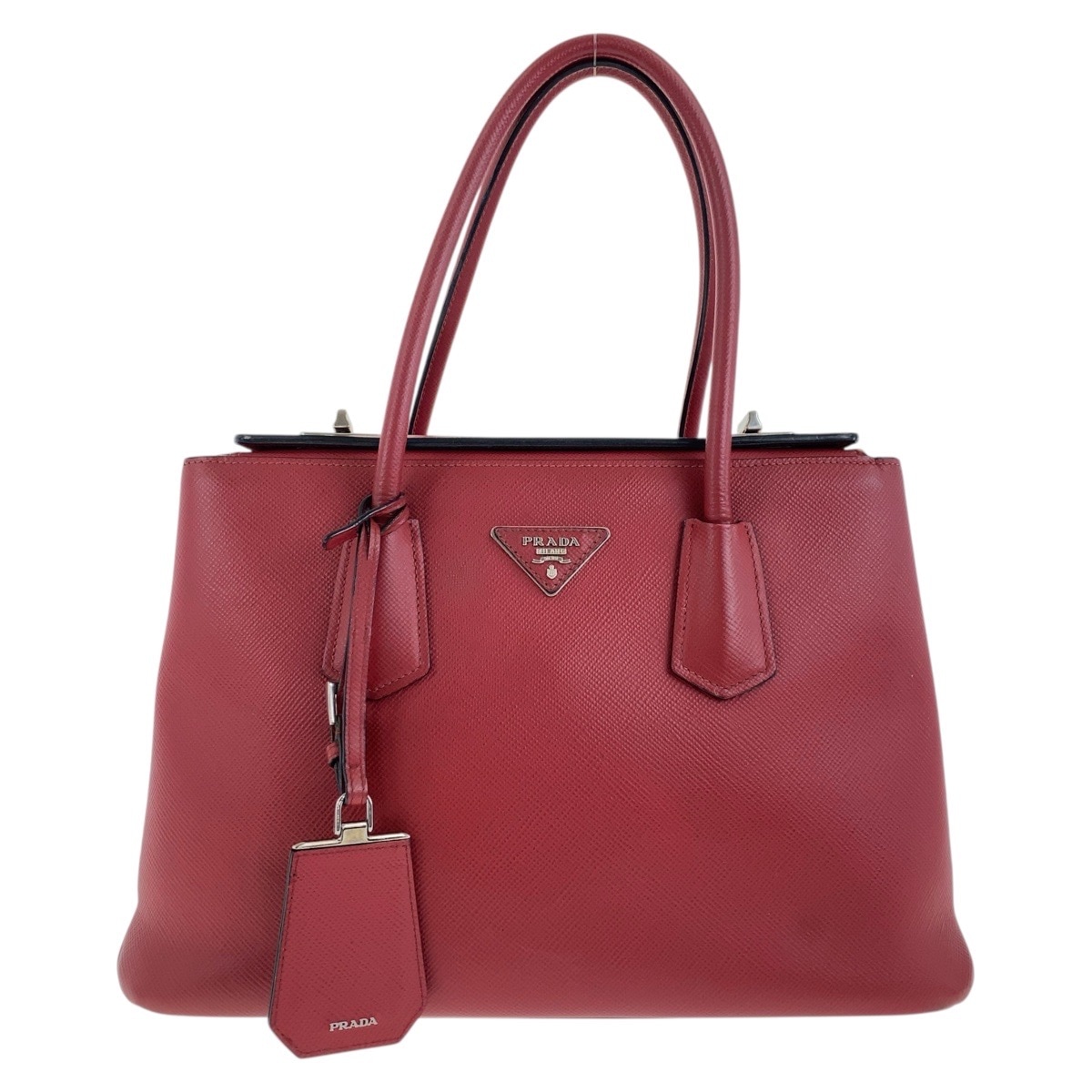 美品 サフィアーノ 三角ロゴプレート レッド シルバー金具 レザー トートバッグ ハンドバッグ レディース 504384