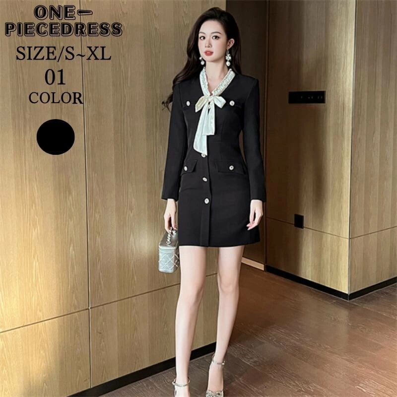 ダブルボタンワンピース　リボンつき　タイトドレス　ワンピスドレス　ミニ丈　膝上丈　フォーマルドレス　パーティードレス　ナイトドレス　姫系　長袖　セクシー上品 大人 きれいめ パーティー　結婚式 ドレス