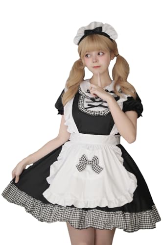 [] メイド服 チェック柄 喫茶店 レッド ブラック コスプレ ワンピース ロリータ ロリ 半袖 日常 撮影 演出服 萌え ハロウィン 仮装 レディース 蝶結ぶ 衣装 可愛い 大人用 ニーハイソックス