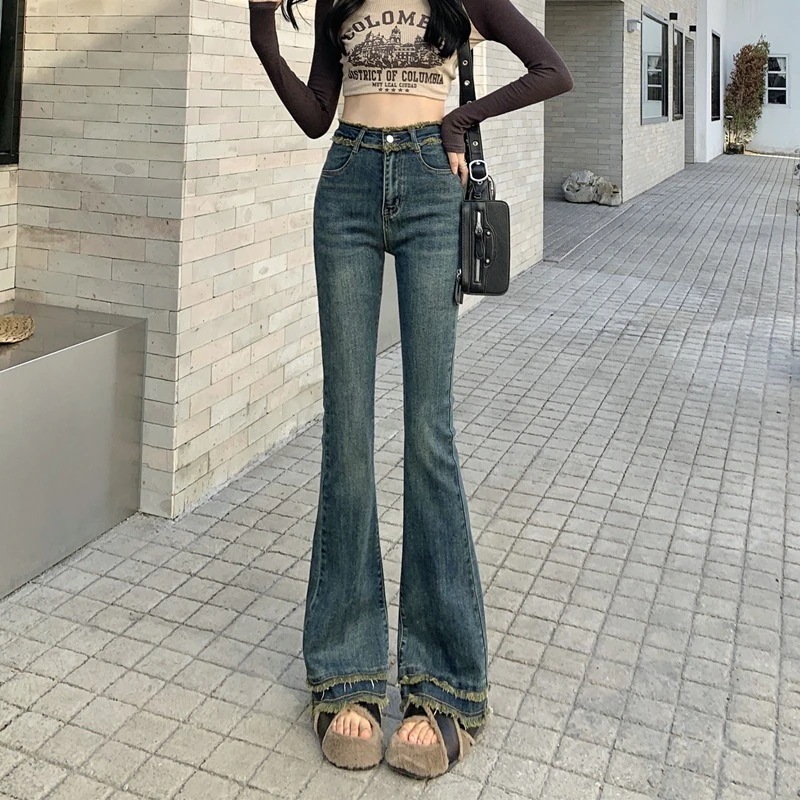 ヴィンテージブルーマイクロフレアージーンズ女性春秋冬秋と秋新しlいデザインハイウエスト生エッジパンツ小さいサイズ