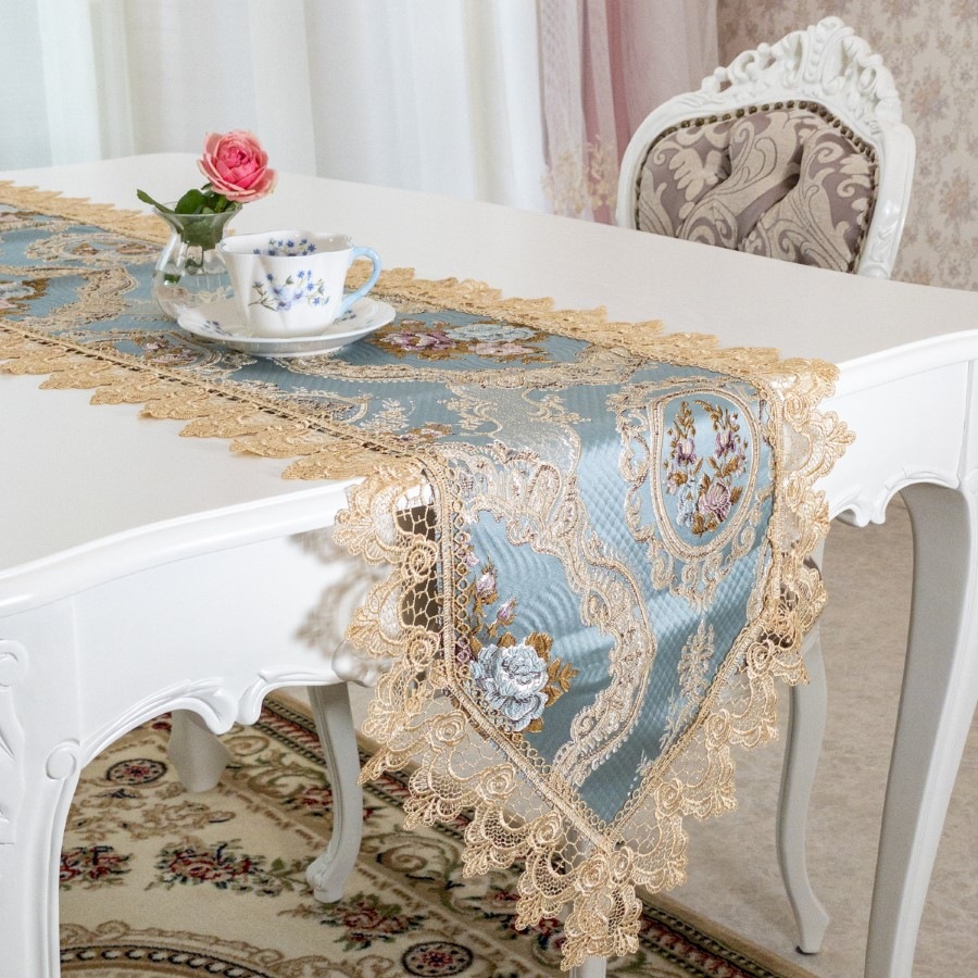 テーブルランナー おしゃれ 青 ブルー 40220 布 レース 花柄 バラ 刺繍 センター フランスアンティーク風 ロココ 4,996円