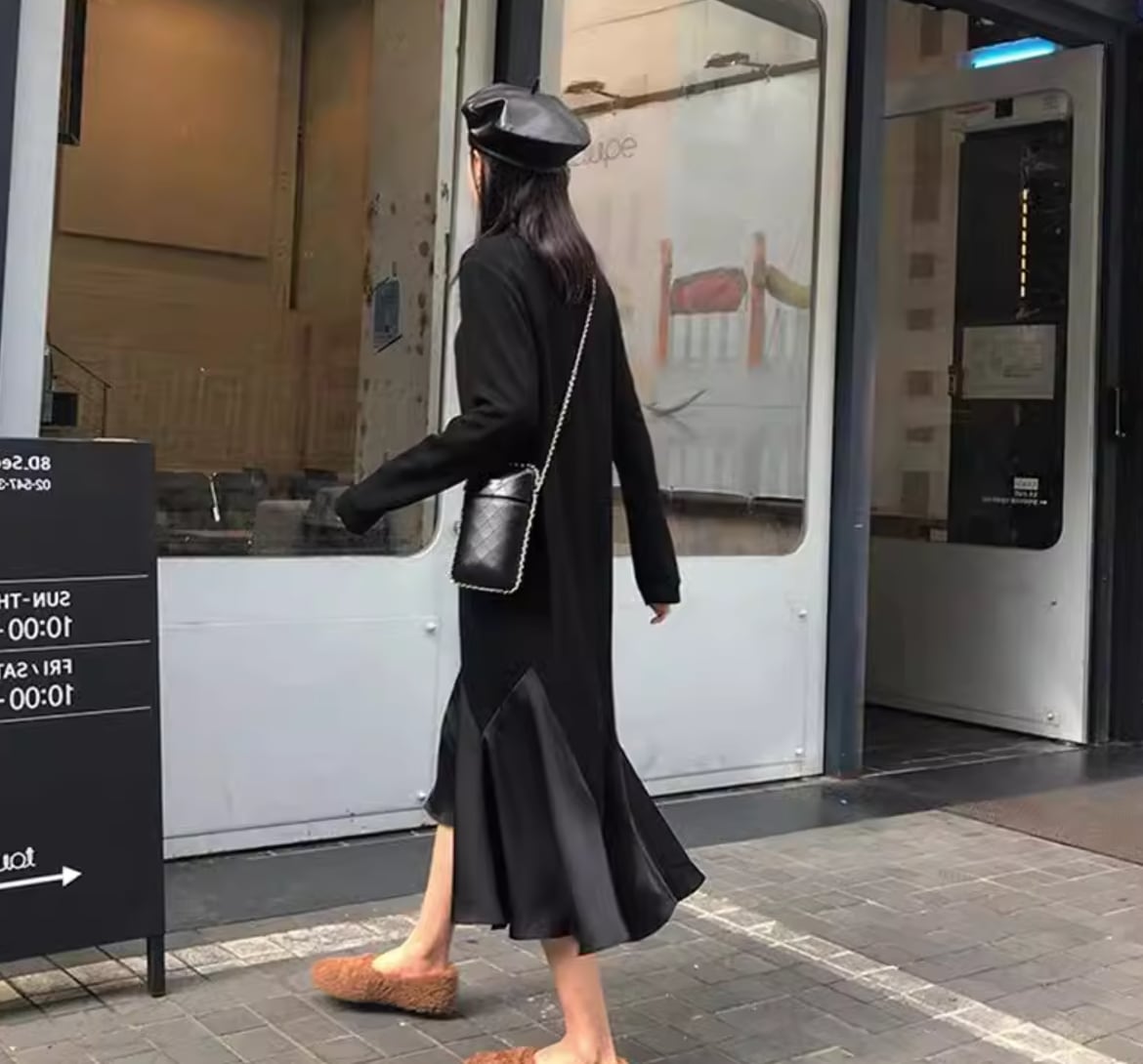 スカート ワンピース レディース フレア ニットワンピ 膝下 ロング マキシ 長袖 ラウンドネック クルーネック Aライン フェミニン 伸縮性 アメカジ 中厚手 かわいい 大人可愛い シンプル