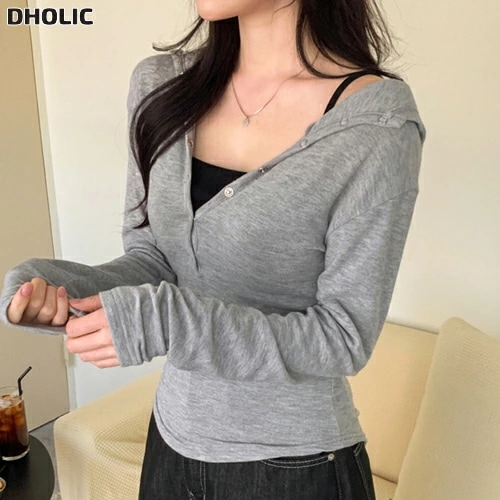 ソフトウール混フードスリム長袖スナップボタンTシャツ・1956579