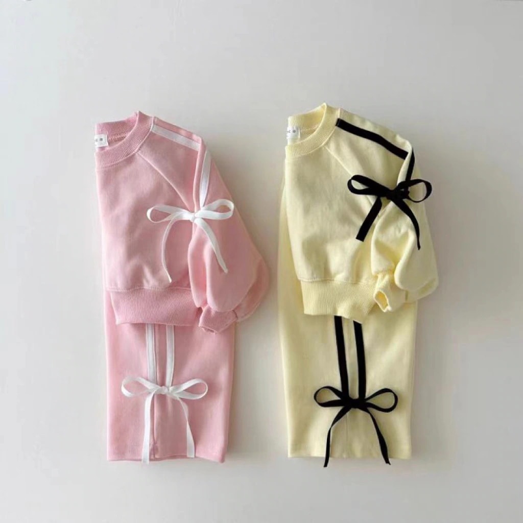 子供服上下セット 韓国版春と秋の新しい赤ちゃん用スポーツウェア，女の子のベビーのリボンのゆったりした衛衣+ズボン2枚セット