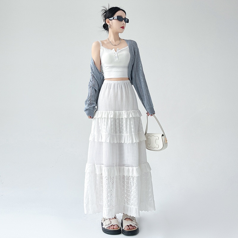 白スカート レディース 2024春スタイル Aラインケーキスカート 優しいスタイル 小さなレース花柄ロングスカート