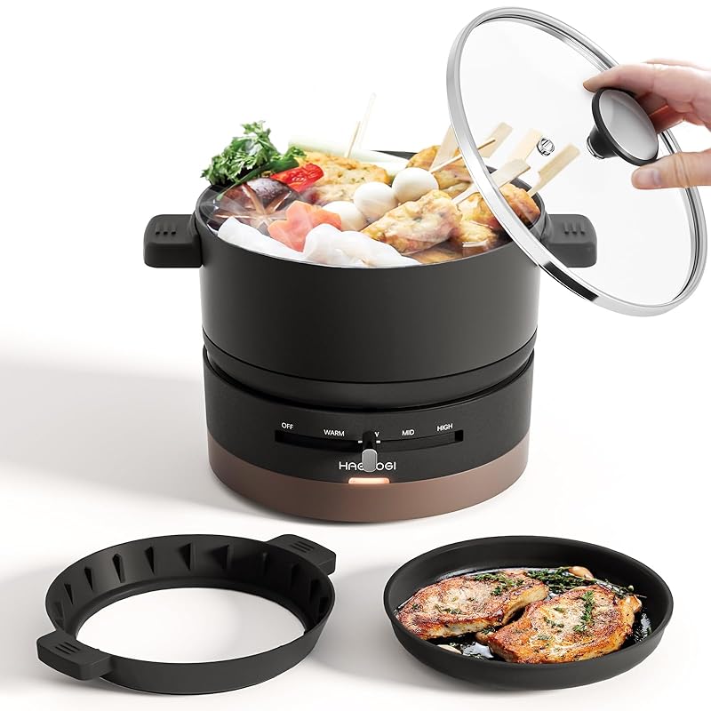 電気鍋 一人鍋 HAGOOGI (ハゴオギ) 600W 1.0L グリル鍋 電気 一人用 4段階温度調節 波形プレート ガラス蓋 丸洗い可能 一人暮らし用 鍋 車中泊/キャンプ/旅行