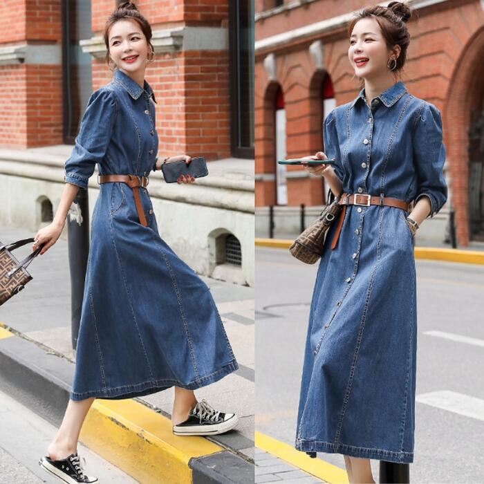 ワンピース ドレス 袖あり デニム レディース きれいめ カジュアル ミモレ丈 大人 可愛い 七分袖 フェミニン Aライン 体型カバー シンプル ベーシック ウエストベルト スリム フロントボタン 青