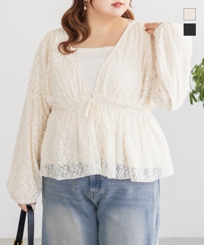 大きいサイズ レディース LL 3L 4L XL XXL XXXL CLETTEオリジナルギャザーデザイン長袖レースブラウス