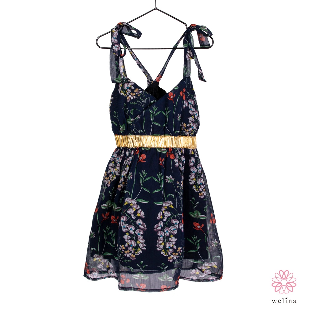 バックリボン花柄シフォンワンピース