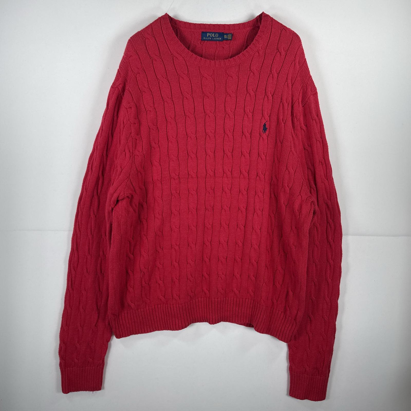 古着 長袖 ニット ケーブル編み セーター ワンポイント 大きいサイズ XXL レッド メンズ